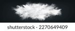 Small photo of Abstract wide horizontal design of white powder snow cloud explosion on dark background