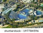 Small photo of Aerial view of SeaWorld, a marine life theme park in San Diego Bay in Southern California, United States of America. A view of the killer whale shamu stadium and the show pools around.
