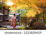 Asian traveler girl in Kimono traditional dress walking in old temple in Autumn season in Kyoto city, Japan