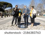 Small photo of Nova Gorica, Slovenia - April 03, 2021: Family Members Meet after a long Period at Europa Square Symbol of European Open Borders that is Between Nova Gorica in Slovenia and Gorizia in Italy.