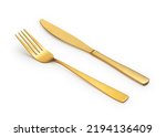 Gold knives and forks placed against a white background. Beautiful gold cutlery. 