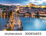 panorama of Prague with red roofs from above summer day at dusk, Czech Republic