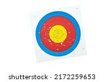 Archery target bow sheet with many small holes from arrow shooting, isolated archery paper sheet with marks of arrow hitting on white background.
