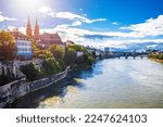 Small photo of Rhine river and Munster cathedral in Basel sun haze view from the bridge, northwestern Switzerland