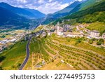 Village of Poggiridenti aerial view, Province of Sondrio, Dolomite Alps, Italy
