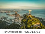 Small photo of Aerial panorama of Christ and Sugar Loaf Mountain, Rio De Janeiro, Brazil. Vintage colors