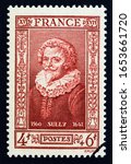 Small photo of FRANCE - CIRCA 1943: A stamp printed in France from the "Famous People" issue shows Maximilien de Bethune, Duke of Sully, circa 1943.