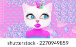 Small photo of Contemporary digital collage art. Modern trippy design. Fashion Lady KItty character and creative background