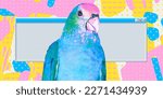 Small photo of Contemporary digital collage art. Modern trippy design. Funny parrot and creative abstract background