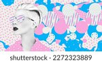 Small photo of Contemporary digital collage art. Modern trippy design. Fashion Lady and creative abstraction background