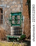 Small photo of Sarospatak Hungary Jan. 11,2023: Antic wine press. Traditional old technique of wine-making.