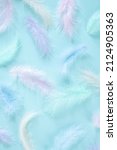 Small photo of Feathers multicolored background in pastel colors. Feathers pattern. Natural pastel feathers in muted colors. Beautiful feathers surface. Feather wallpaper. nature materials background