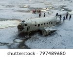 Aerial view of United States Navy DC plane wreck on the black beach at Sólheimasandur, in the South Coast of Iceland.