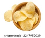 Group of round natural potato chips in a wooden bowl, isolated on white background