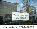 Small photo of Sign with the inscription Access only according to 2G rule (Zutritt nur nach 2G-Regel). 2G means access only with a valid full corona virus Covid 19 vaccination or proof of recovery
