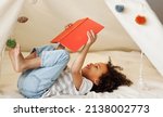 Small photo of Portrait of cute little african american kid curly boy with book smiling at camera while reading book in play tent at home, happy child playing alone in children room
