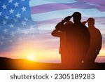 Silhouettes of soldiers saluting on a background of sunset or sunrise and USA flag. Close-up. Greeting card for Veterans Day, Memorial Day, Independence Day. America celebration.