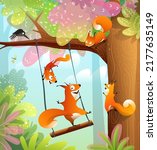 Funny hilarious squirrels playing and laughing in the forest, swinging on the tree branch. Happy naughty squirrels illustration for kids, smiling and jumping. Vector illustration for children.