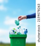 Small photo of Woman putting a plastic bottle in a full recycling bin, separate waste collection and recycling concept
