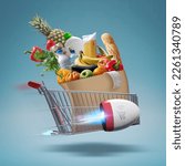 Small photo of Fast rocket-propelled shopping cart flying and delivering fresh groceries, online grocery shopping and express delivery concept