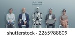 Small photo of Business people and humanoid AI robot sitting and waiting for a job interview: AI vs human competition