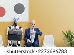 Small photo of Man and AI robot waiting for a job interview: AI vs human competition