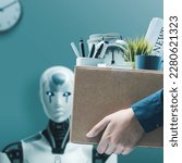 Small photo of Dismissed office worker holding a box with her belongings and leaving the office, humanoid AI robot waiting for a job interview in the background