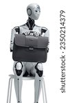 Small photo of AI humanoid robot sitting on a chair and waiting for a job interview