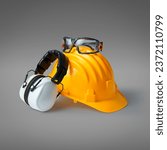 Small photo of Safety helmet, ear muffs and goggles: personal protective equipment and workplace safety concept