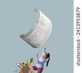 Small photo of Huge heavy grocery receipt falling on a shocked terrified consumer, she is shouting with hands up: inflation, prices rise and budgeting concept