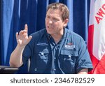 Small photo of Des Moines, Iowa, USA - August 12, 2023: Florida Republican Governor and presidential candidate Ron DeSantis greets supporters at the Iowa State Fair fair side chats in Des Moines, Iowa.