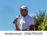 Small photo of Des Moines, Iowa, USA - August 12, 2023: Biotechnology Entrepreneur and Republican presidential candidate Vivek Ramaswamy greets supporters at the Iowa State Fair fair side chats in Des Moines, Iowa.