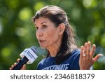 Small photo of Des Moines, Iowa, USA - August 12, 2023: Former South Carolina Governor Republican presidential candidate Nikki Haley greets supporters at the Iowa State Fair political soapbox in Des Moines, Iowa.