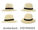 Straw fedora hat isolated on a white background beach hat  four views summer hat