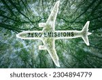 Small photo of Icon of a commercial airplane with the words 'zero emissions' and a lush forest in the background.