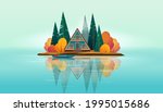 Wooden A-frame house surrounded by fir trees and bushes and a boat near the shore  on a small island on the lake. Lake island is reflected in the water. Flat vector illustration