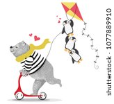 cute bear scooter  and funny... | Shutterstock .eps vector #1077889910