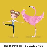 cute girl and funny flamingo... | Shutterstock .eps vector #1611283483