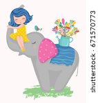Cute Girl And Elephant With A...