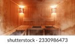 Small photo of Interior of Finnish sauna, classic wooden sauna with hot steam. Russian bathroom. Relax in hot sauna with steam. Wooden interior baths, wooden benches and loungers accessories for sauna, spa complex.