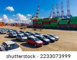 Imported new cars and Shipping containers being unloaded at port facilities in Ashdod, Israel, Containers ships Loading In Ashdod Ports. Israel  