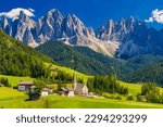 The Church of Santa Maddalena and The Odle Mountain Peaks In Background, Panoramic View, Dolomites, Val di Funes, South Tyrol, Italy