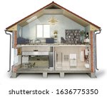 House cross section, view on bathroom, kitchen and living room, 3d illustration
