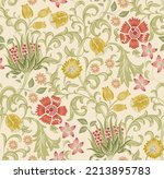Floral seamless pattern with field of flowers on light beige background. Vector illustration.