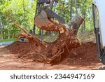 Housing complex construction clearing land by removing roots with skid steer tractor
