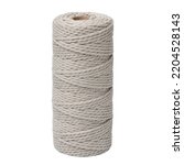 Small photo of Skein of thread. Close up of one bobbin of thin rope on white background. Long coiled bobbin of light gray natural thick hemp thread. Isolated.