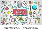 Fine art equipment and stationary doodle and tool model icon in isolated background. Art subject doodle used for school education or document decoration with subject header text, create by vector
