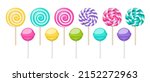 Sweet lollipops, spiral and round hard sugar candies on stick. Vector cartoon set of caramel suckers with striped swirls and colored bonbon on stick with fruit and berry tastes