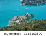 View of the Maria Wörth town and Wörthersee from Pyramidenkogel tower, Austria. Travel destination. Summer vacation.