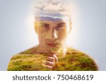 Small photo of Walk through mind. Portrait of perplexed bighearted calm fellow who gazing at the camera and holding his hand under chin posing against grey background